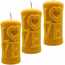 3 szt. Miodowa Dekoracyjna Świeca 3D Wosk Pszczeli z napisem LOVE 3x 170g